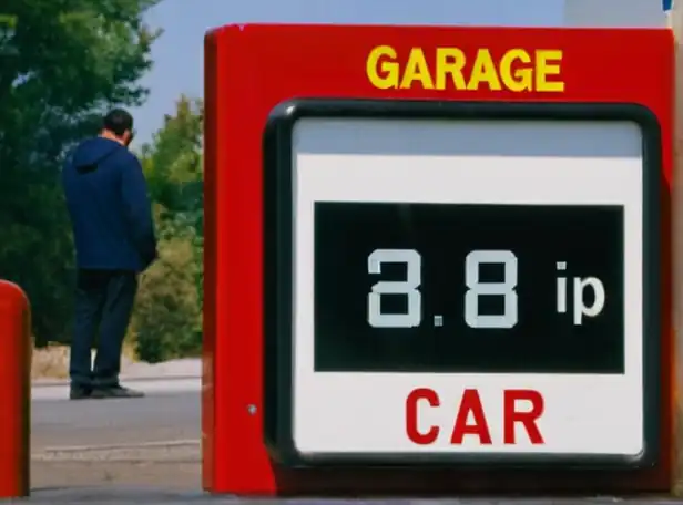 A person checking a car's tire pressure near a garage sign