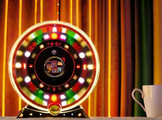 Lucky wheel with flashing lights and a cup in a joyful background