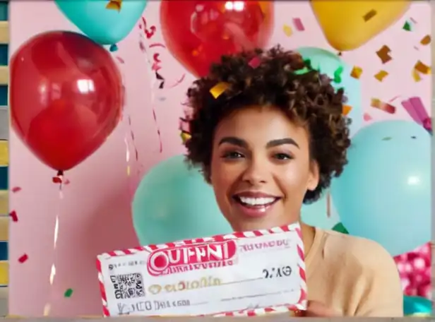 A happy person holding a winning coupon surrounded by confetti and balloons