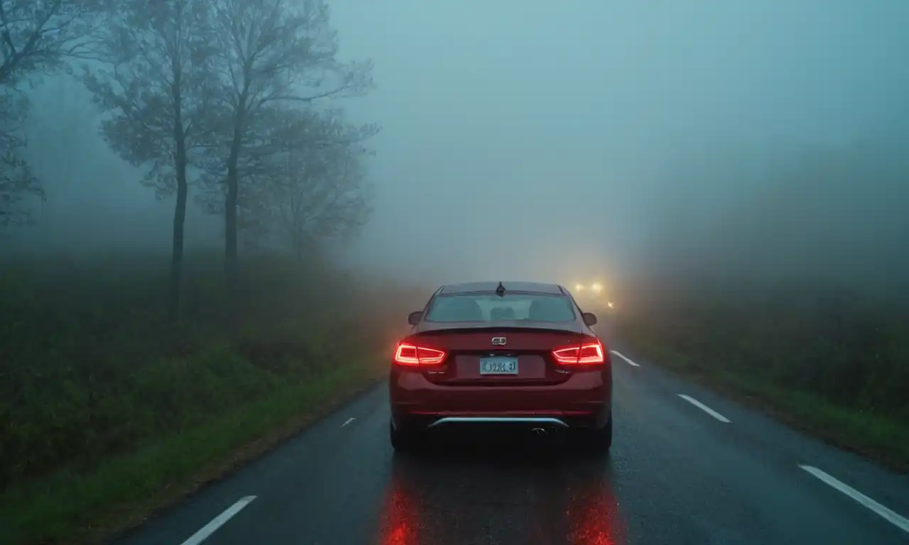 Carro rodando sobre niebla, con luces de freno iluminadas