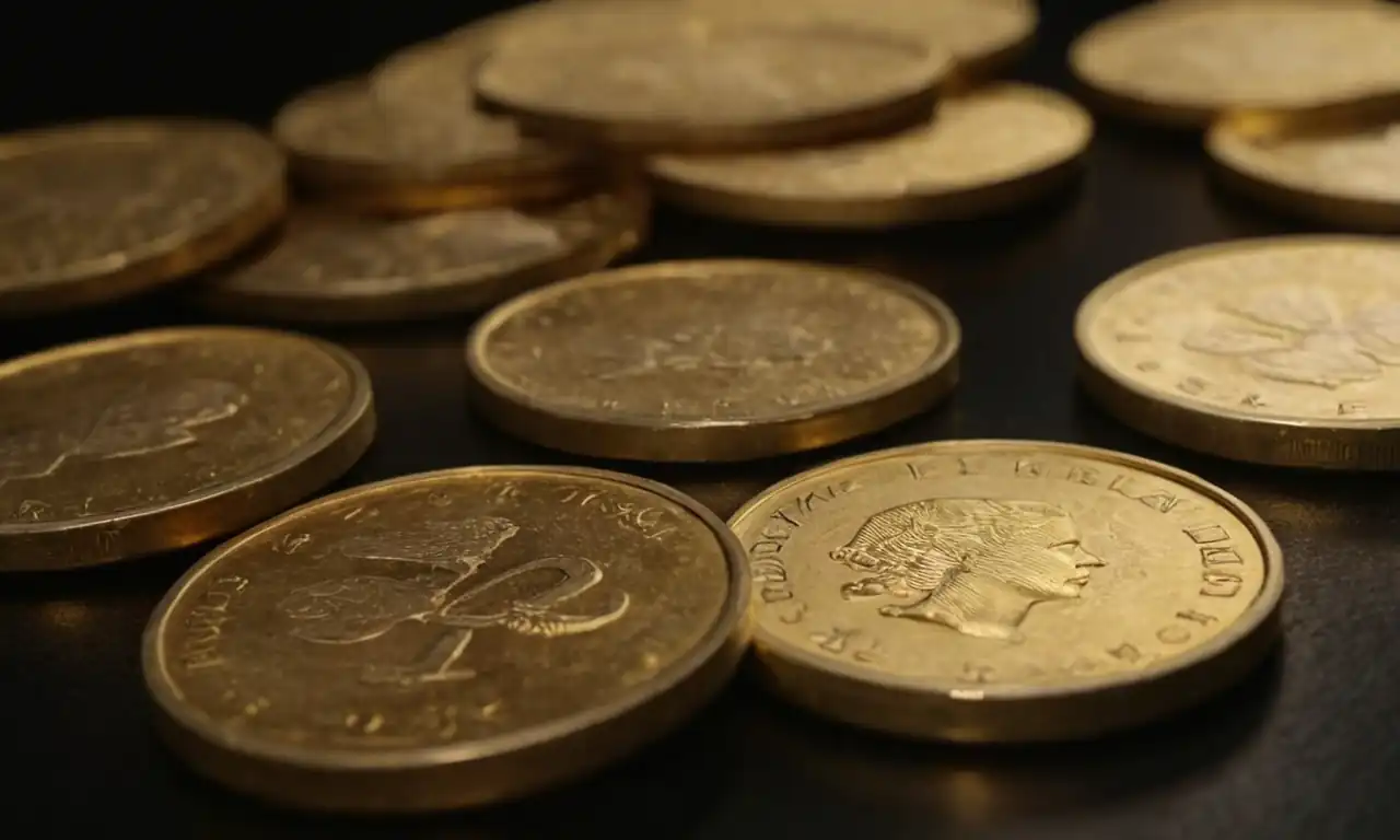 Monedas de 2 euros en un fondo oscuro con luces reflejadas