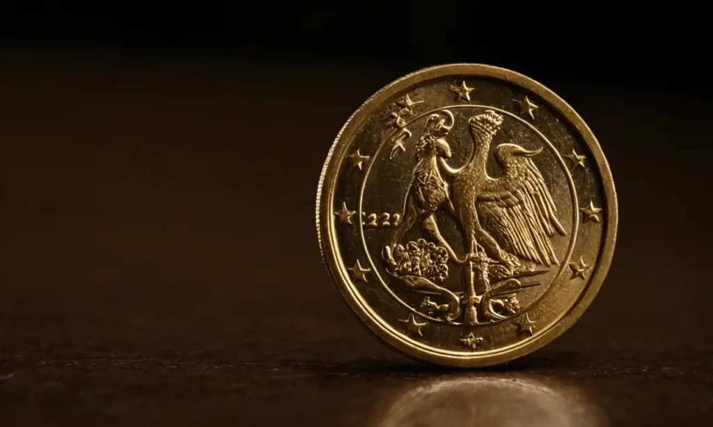 Moneda de 2 euros anticuada sobre un fondo oscuro