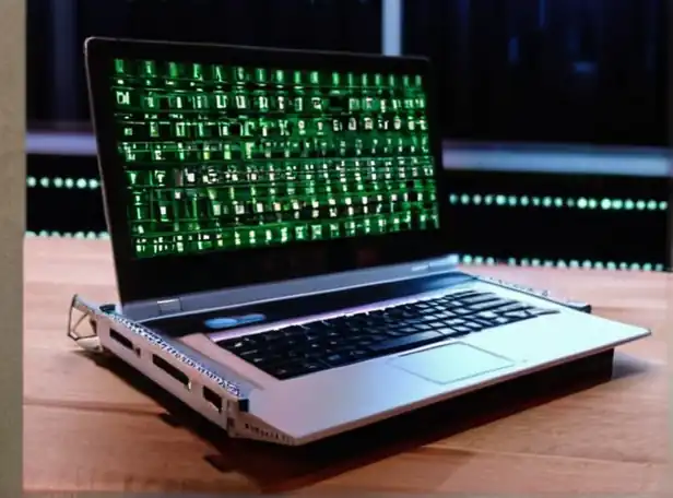 64-bit laptop icon surrounded by binary code and computer components