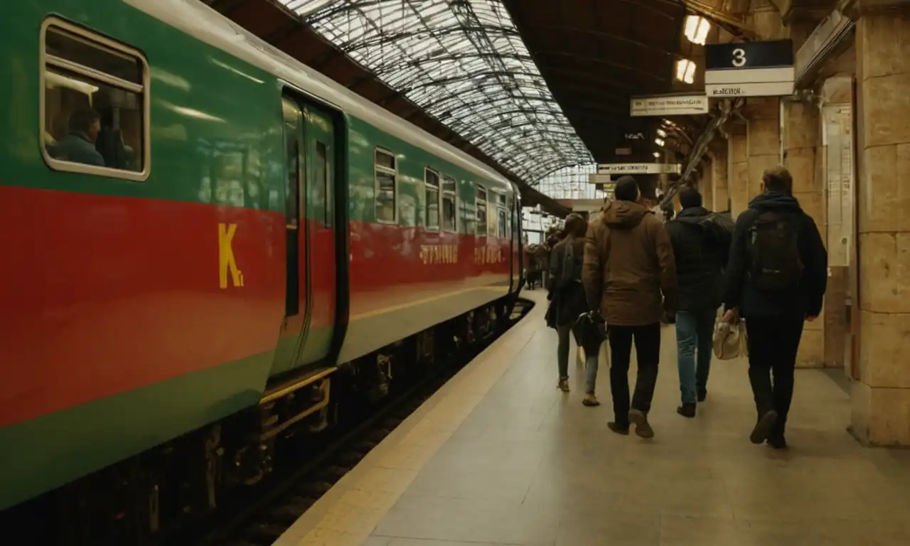 Tren en movimiento con gente esperando en estación