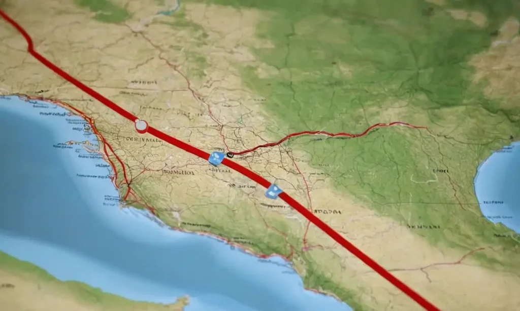 Tren en movimiento sobre un mapa con líneas rojas y horarios cancelados