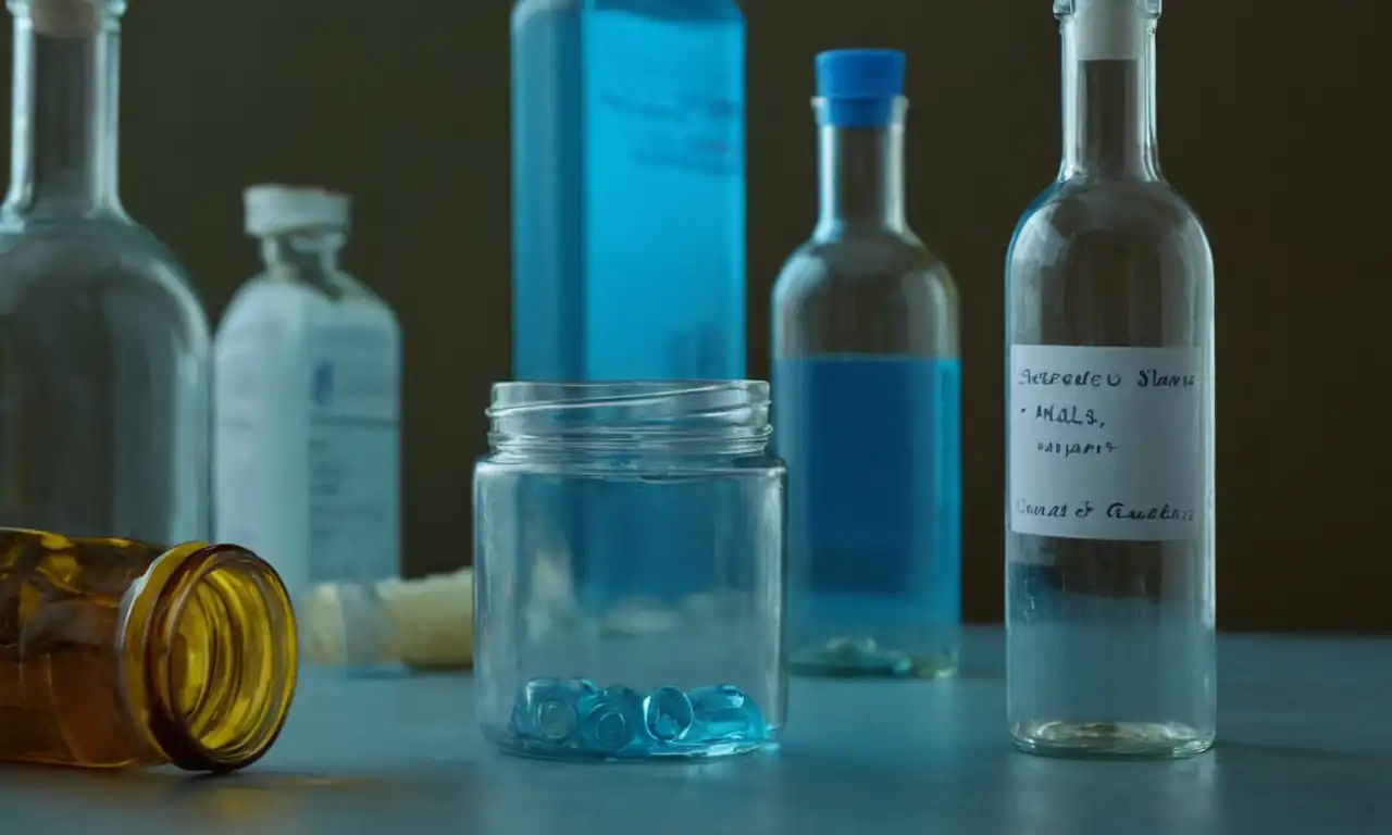 Personajes saludables rodeados de botellas médicas y documentos de seguro, con fondo azul claro