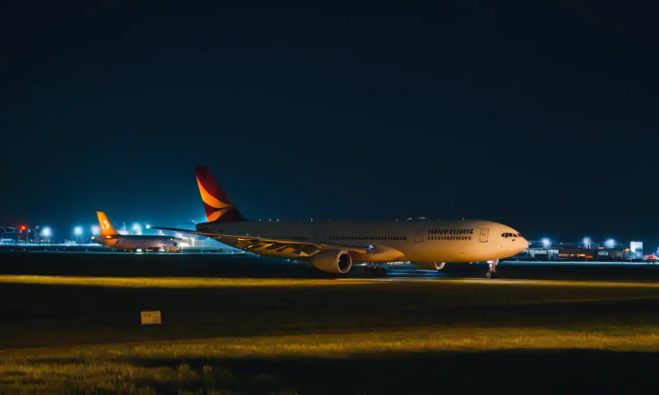 Un avión aterrizando en un aeropuerto nocturno iluminado