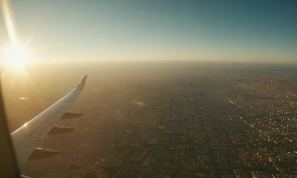 Un avión sobrevolando una ciudad con el sol detrás