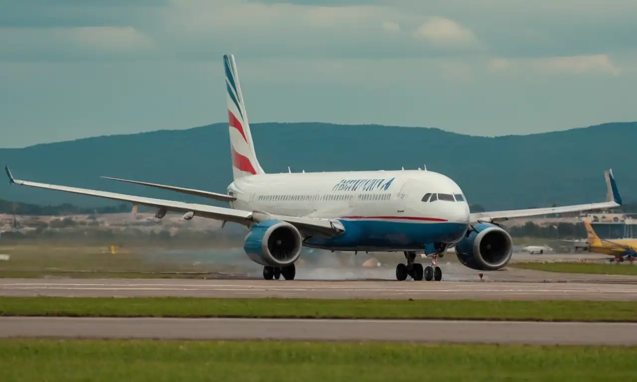 Avión aterrizando con retraso en aeropuerto lleno de pasajeros