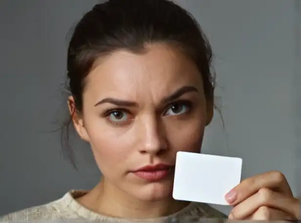 A person holding a card with a puzzled expression