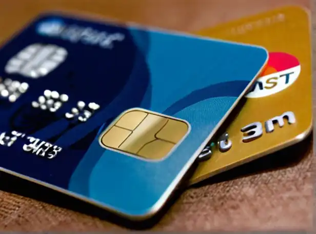 A split-screen with a credit card on one side and debit card on the other