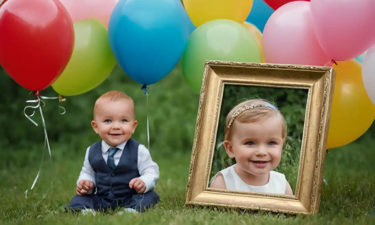 Childhood photo frame, wedding rings, smiling son, balloons