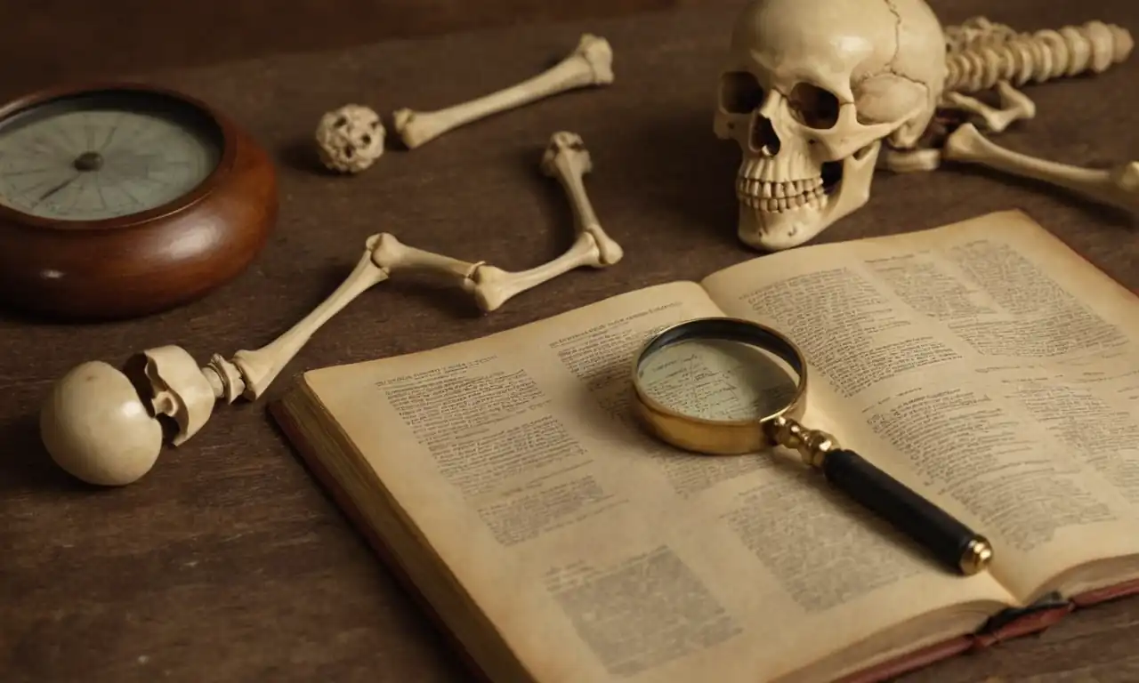 3D model human skeleton, miniature bone, magnifying glass, scientific journal