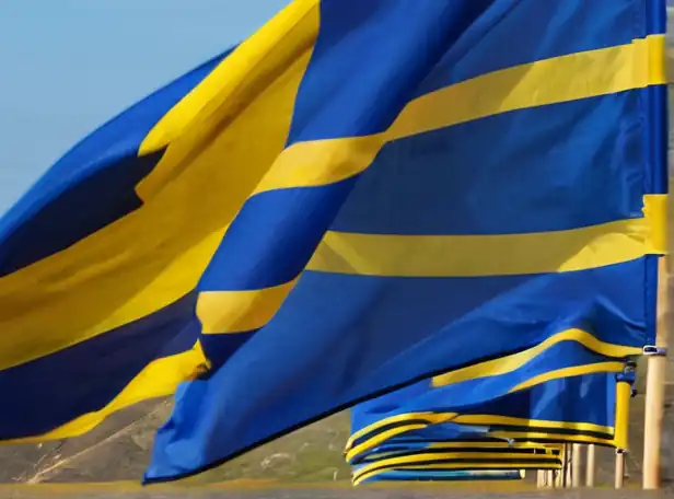 Colorful flags with blue and yellow stripes waving in the wind