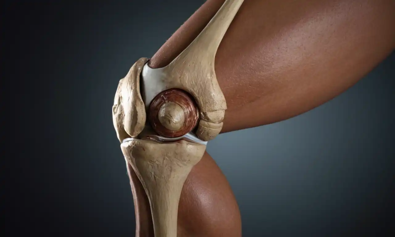 Knee joint anatomy, patella shape, tendons, ligaments, subtle light reflection