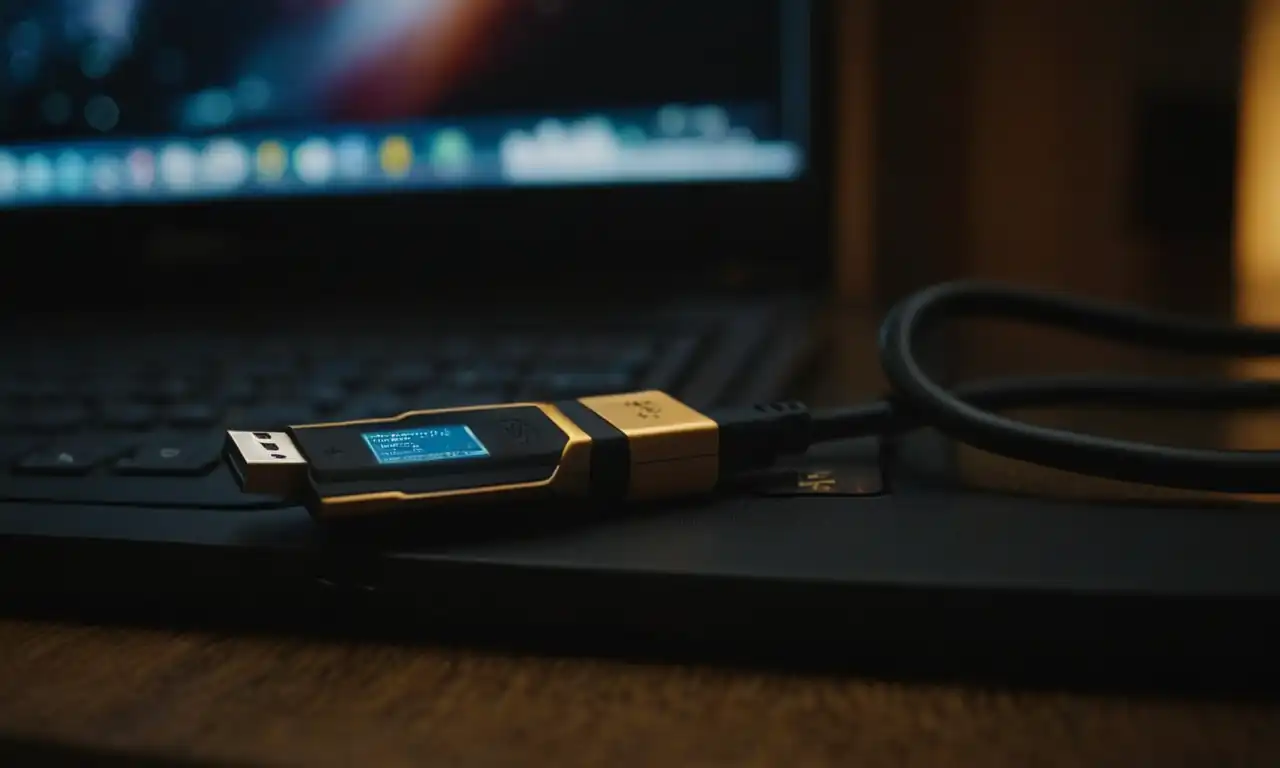 Unidad flash USB conectada a una computadora con fotos en la pantalla