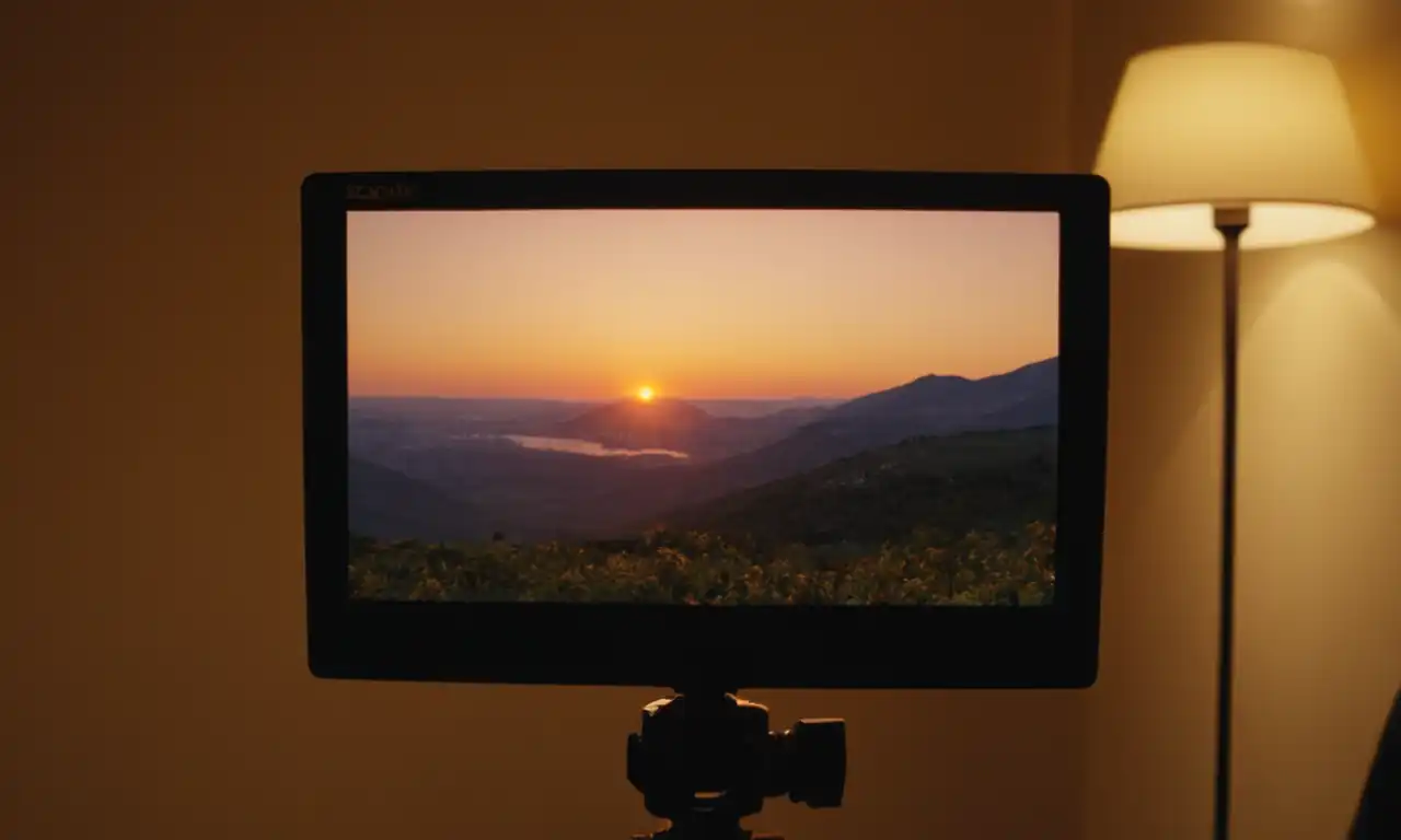 Computadora con pantalla iluminada, cámaras en la mesita