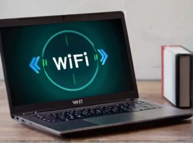 A laptop displaying WiFi password on a modern minimalist background with icons and arrows