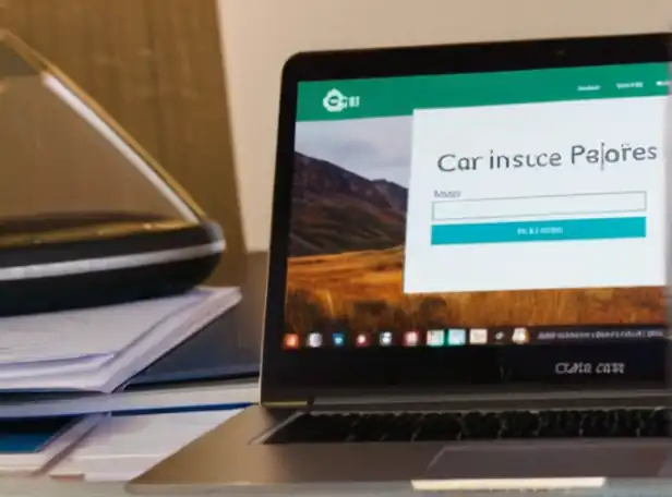 Car insurance policy documents on a desk with a laptop screen in the background