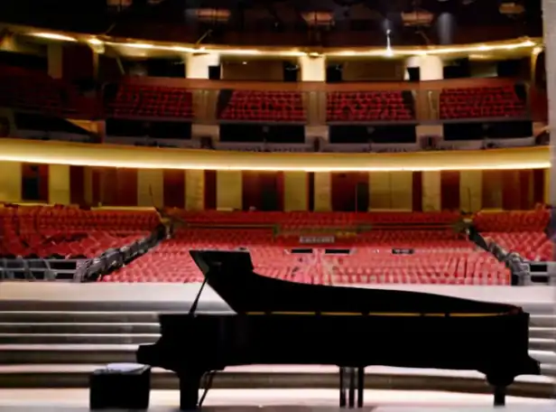 Classical musicians playing instruments on a stage in Palau Sant Jordi