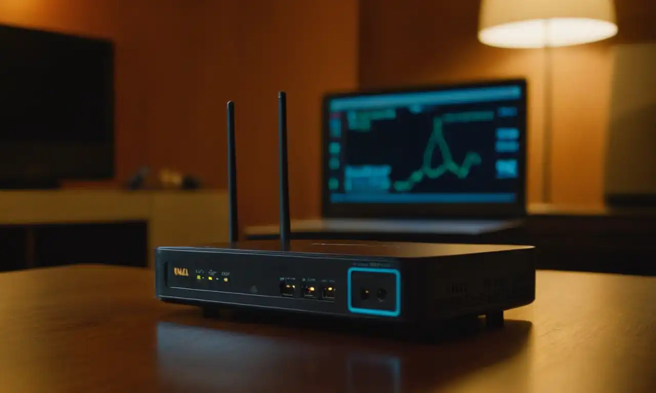 Una computadora portátil conectada a un router WiFi en un espacio hogareño