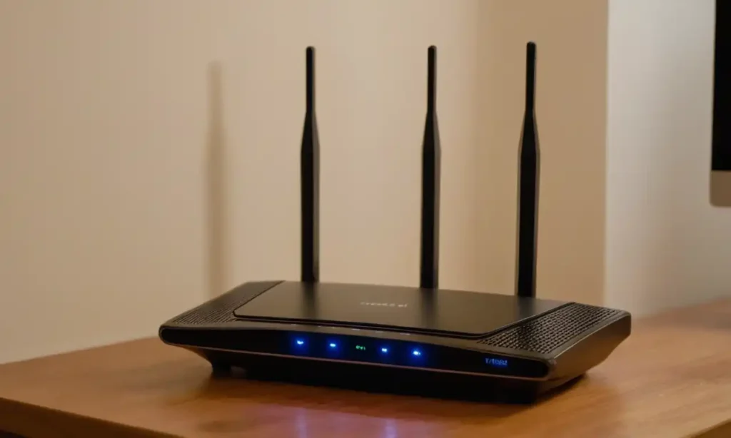 Un ordenador portátil conectado a un router WiFi en una habitación iluminada