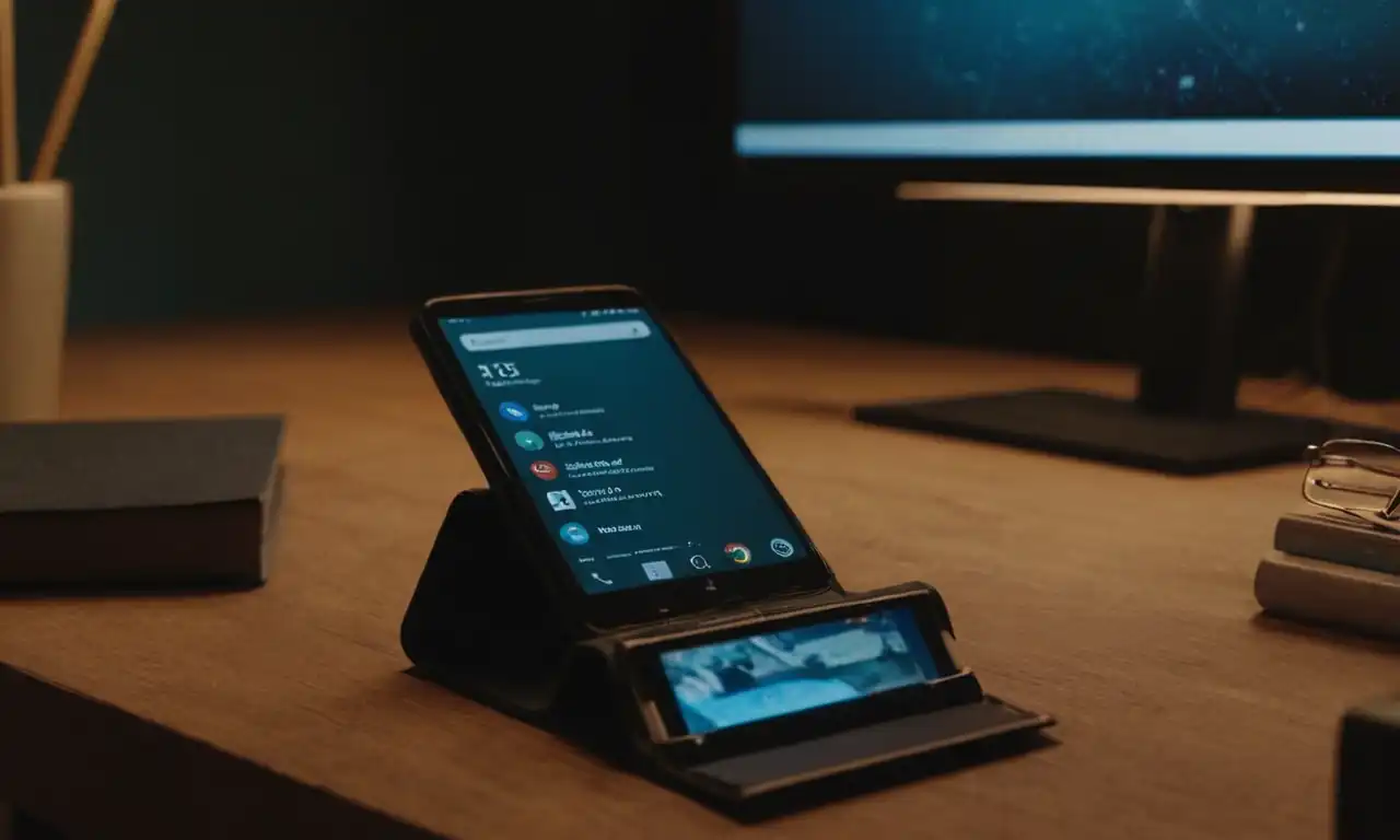 Un smartphone conectado a un ordenador, con una pantalla dividida entre la aplicación y una carpeta