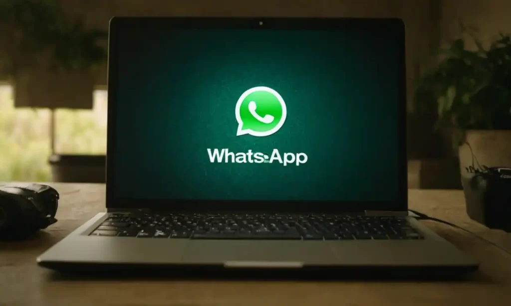Computadora en uso con WhatsApp abierto y fórmula de copia de seguridad en segundo plano