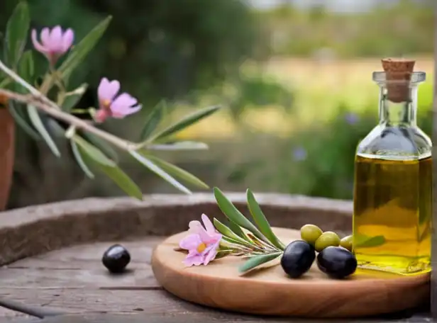 A small jar surrounded by olive oil and flowers