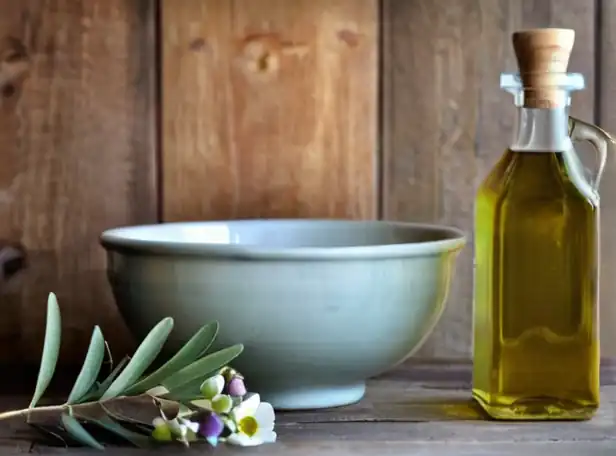 Olive oil bottle and mixing bowl on a rustic wooden table with fresh flowers