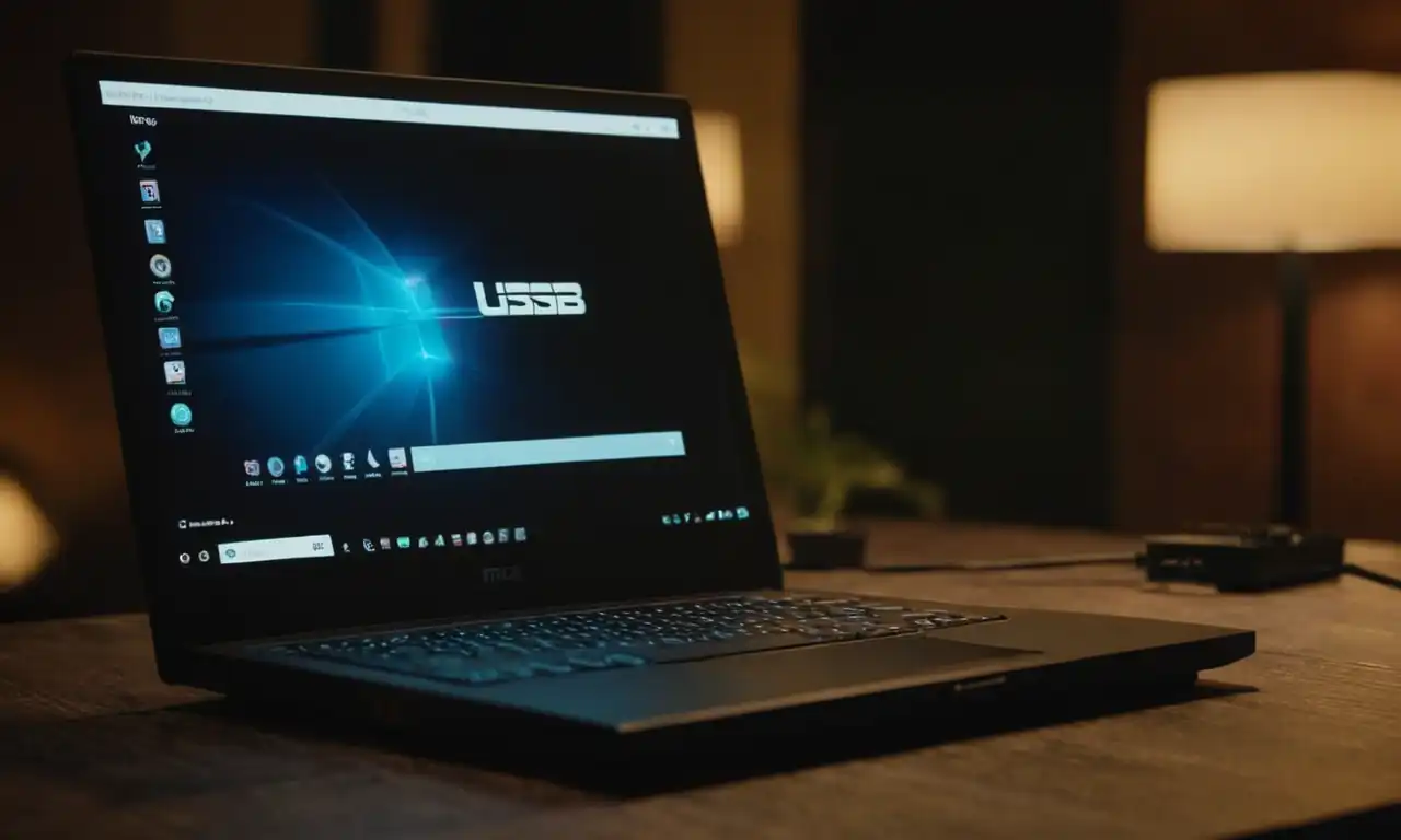 Un ordenador portátil abierto con una clave USB y una pantalla clara