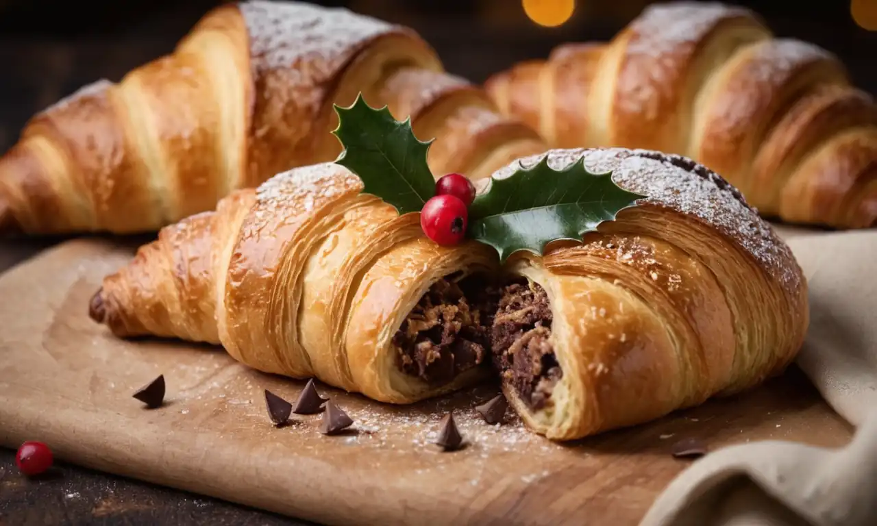 Golden brown croissants, chocolate shavings, festive holly berries