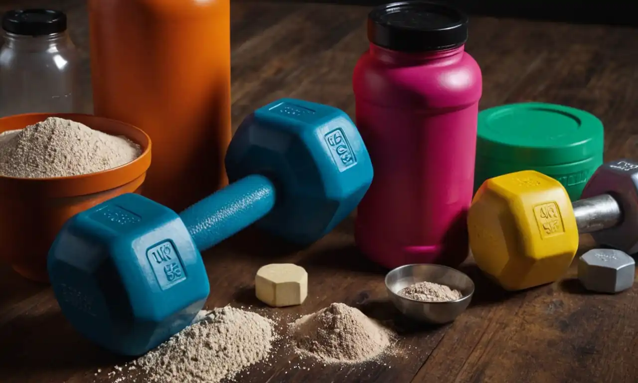 Dumbbells, protein powder bottles, creatine supplements, fitness equipment