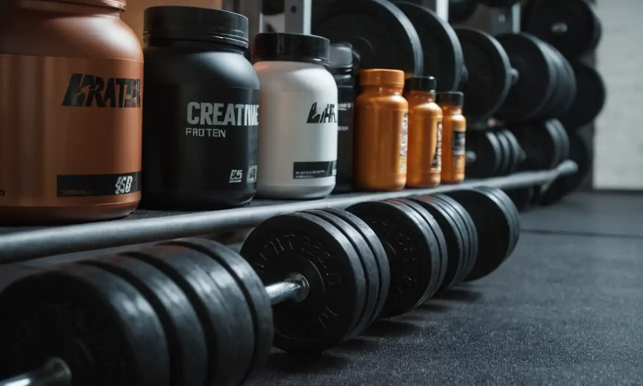 Weights rack, barbell, protein powder bottles, creatine supplement capsules