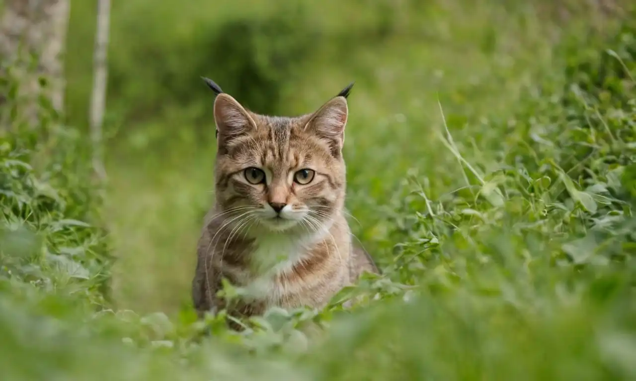 un felino furtivo detrás de una cortina de vegetación