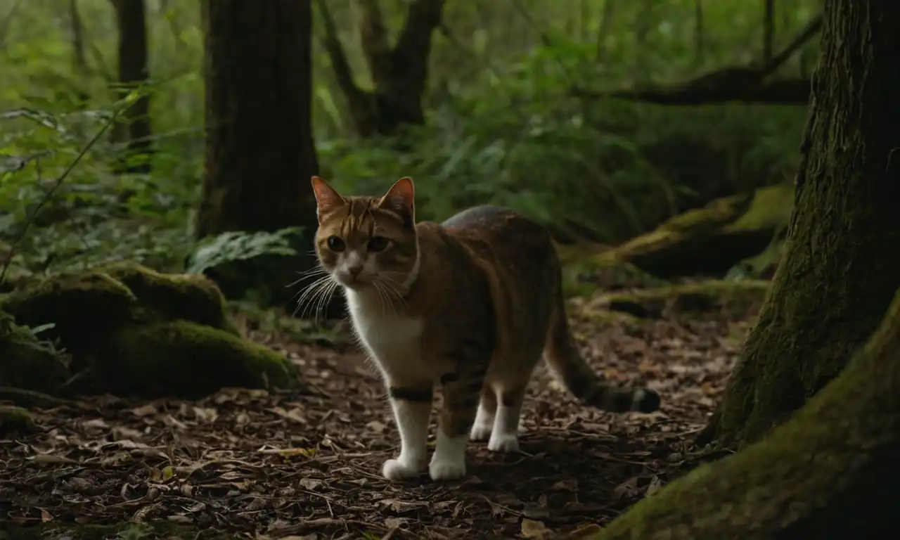 Un gato persiguiendo una pequeña presa en un bosque oscuro