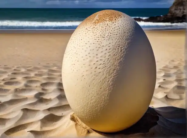 Giant ostrich egg on a sandy beach