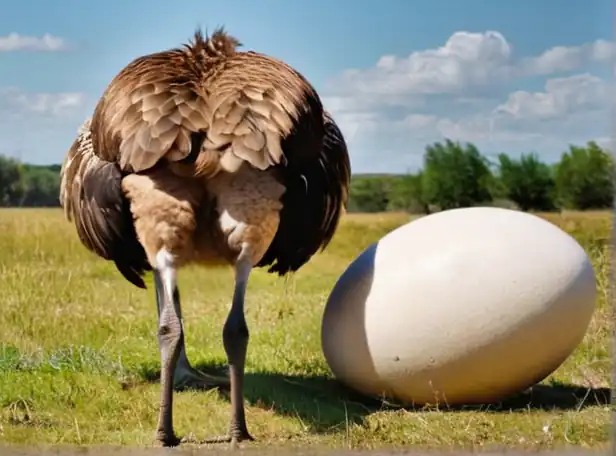 A large ostrich laying giant eggs in a natural habitat