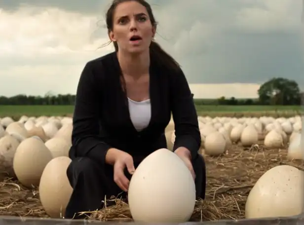 Large ostrich eggs and a surprised person in a farm landscape