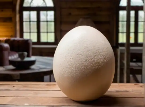 Giant ostrich egg on a rustic wooden table