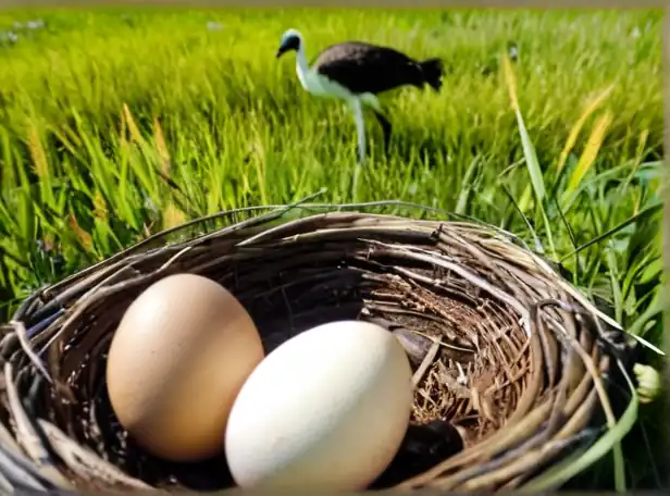 Ostrich eggs and bird's nest in a sunny meadow