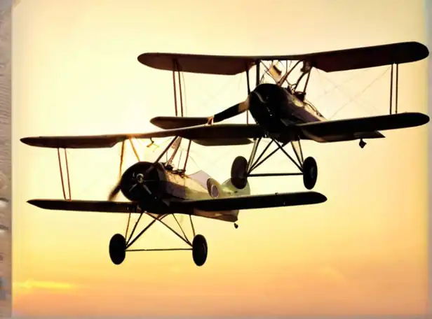 Air pilots flying biplanes in a vintage sky