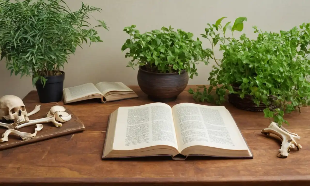 Green leafy plants, brown wooden desk, open book, bones illustration