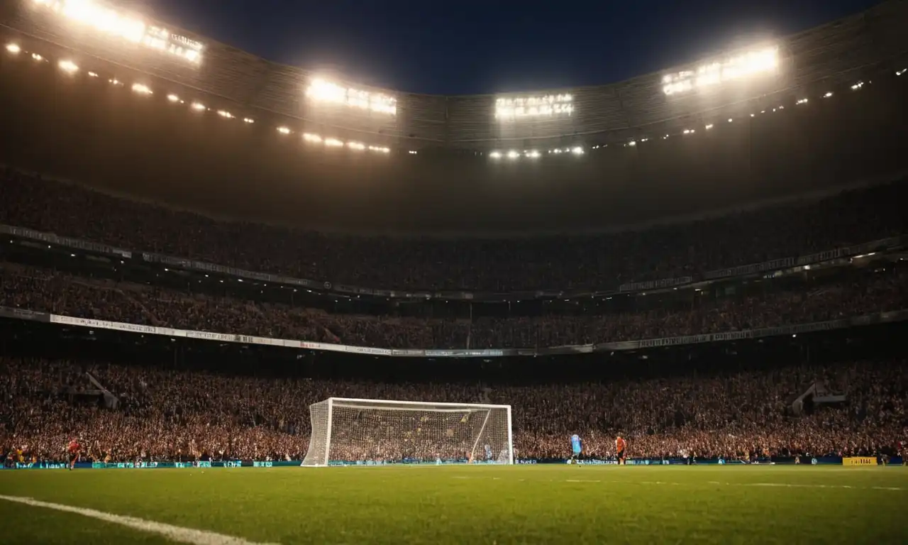 Football stadium, iconic trophy, historic scoreboard