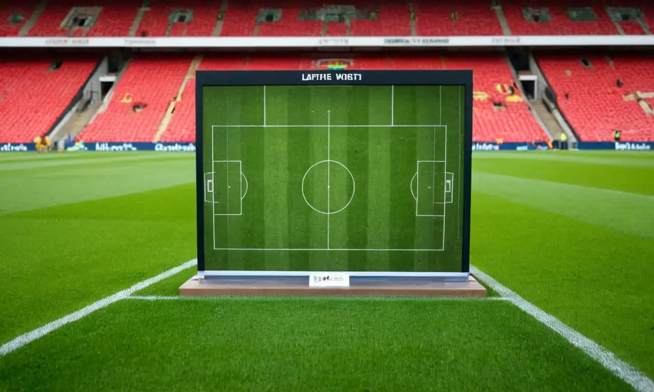 Football stadium scoreboard, Premier League logo, goal nets, green grass