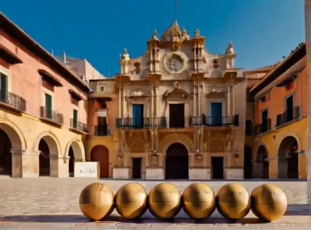 Lottery balls and a winning ticket in front of a Spanish architecture