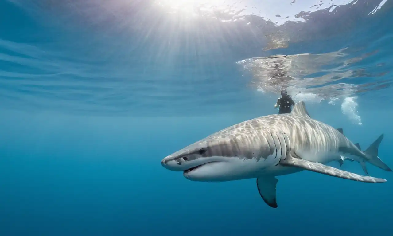 Un tiburón blanco en un mar azul claro, con un humano en segundo plano