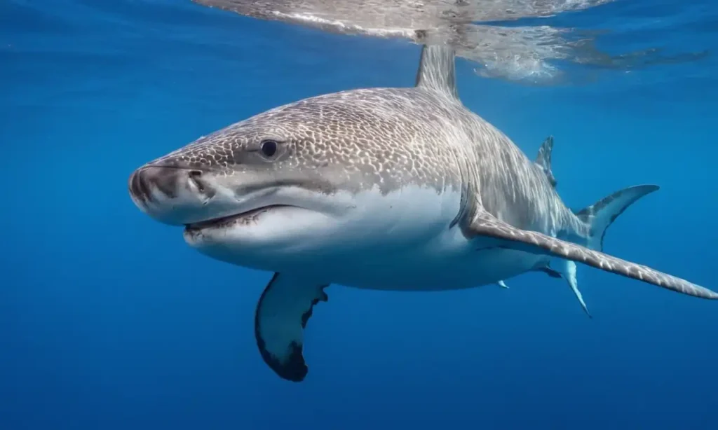 Un gran tiburón blanco cercano a la superficie azul y cristalina