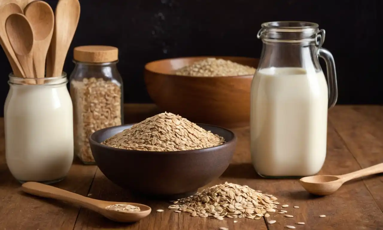 Soy milk bottles, oat flakes bowl, wooden spoon, kitchen table