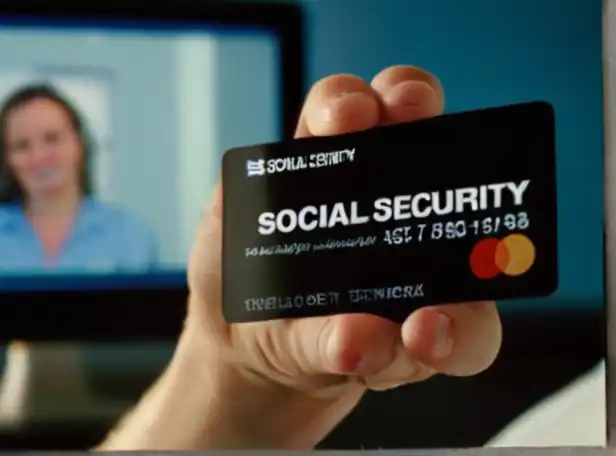 Person holding a social security card looking at a computer screen